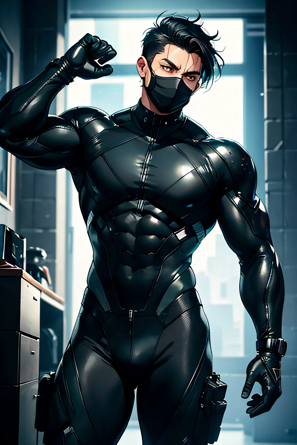 man, butch man, muscular man, black hair, short hair, black mask, futuristic clothes, tight suit, black suit, military suit, big , hands on , naked , visible