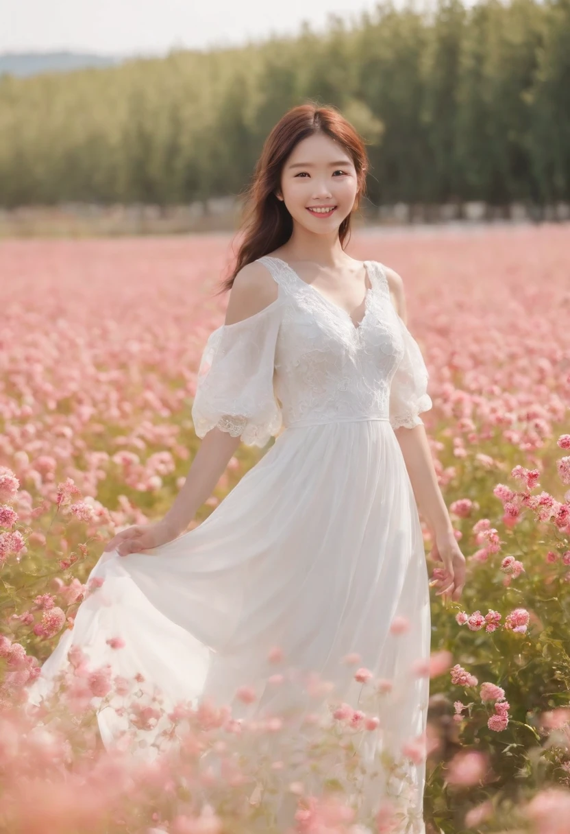 A woman in a white dress stands in a flower field, beautiful Korean women, beautiful young korean woman, standing in flower field, There are flowers, Girl in the flowers, gorgeous young korean woman, standing in flower field,girl standing in flower field, The aesthetic realm of flowers, with frozen flowers around her, girl frontal lobe in flower field,Girl puts her hands behind her back,The girl smiled,The girl was smiling,Sunnyday,and the sun was shining brightly,The weather was nice,A large field of flowers,The picture is vivid,フォトリアリスティック,detail-rich