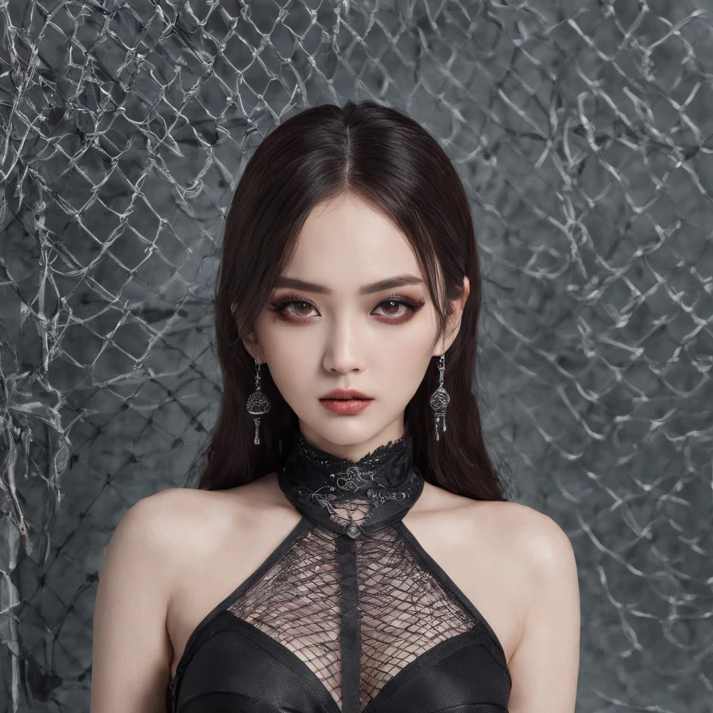 Girl asian with gothic net symbolic clothes, 。.com (Barbed wire of the body) brunette color hair,Gray hair ends, beautiful eyes, eluminated background, dark eyeshadow, big boobs