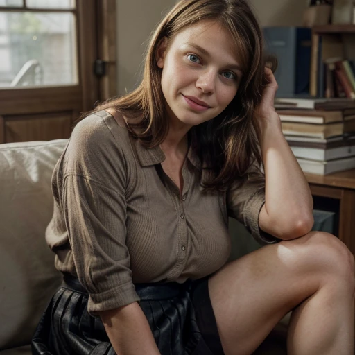 50yo busty Claire danes with light brown hair, with bangs, looking at the camera, (bulbous nose) (large mouth), (closed mouth), (wide smile), (black skirt), legs, sexy, (full lips), sitting, (Claire danes), Homeland, (Claire danes), (50 years old) , (aged natural skin). (Big eyes with crows feet), (open white loose shirt) (showing breasts)