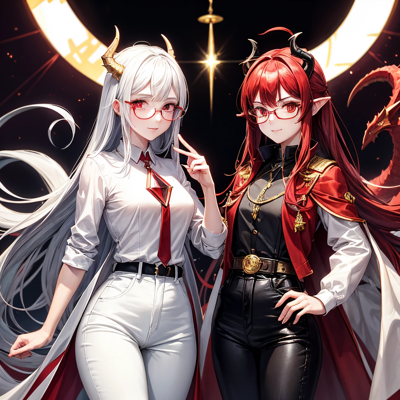Half-dragon doctor, Red crystal dragon horns and tail, red eyes with white slit pupils, langes, welliges rotes Haar mit Pony, a white tucked-in shirt, ein Arztkittel, Schwarze Skinny Jeans, gentle smile on the face, wears gold round glasses, 1 Frau, Meisterwerk