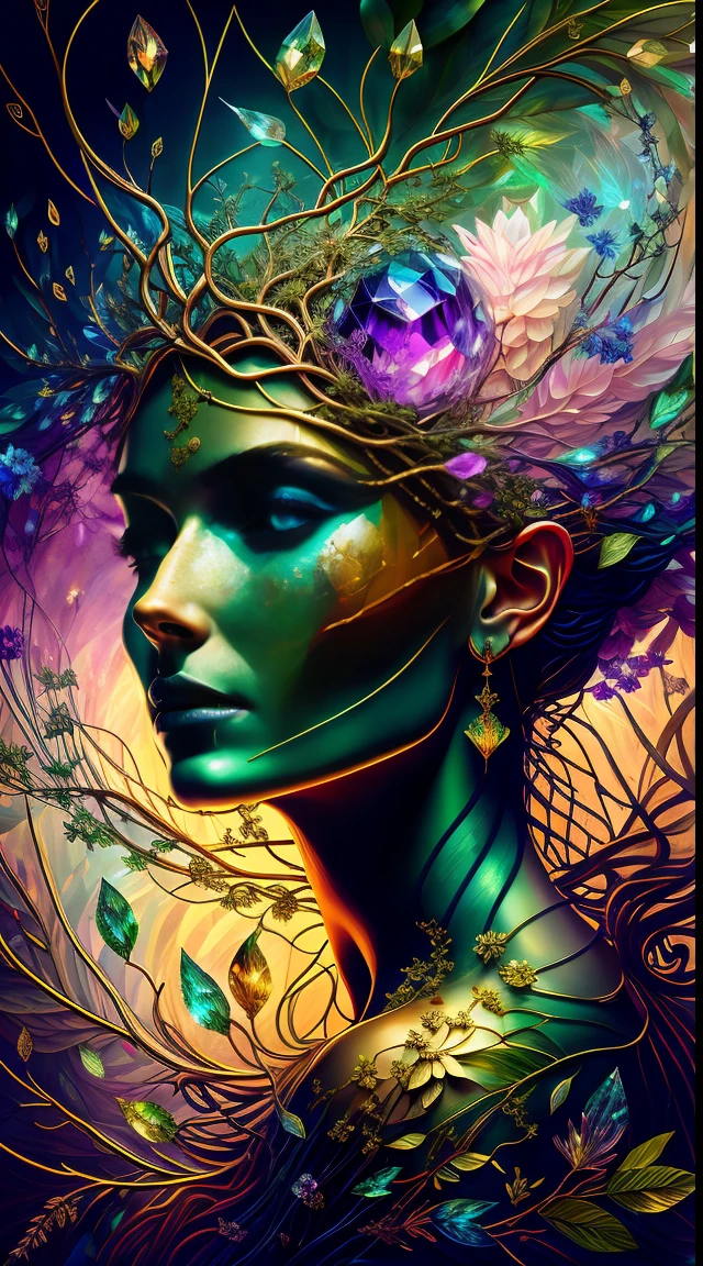 Plant Maiden，Vine Princess，Witch of Thorns，Beautiful line art photo，Use gold strokes and rainbow paint，Golden Maiden，the golden ratio，Melted wax，Visible brush strokes，surrounded by crystal spheres，3D Mosaic Wireframe，neuroimaging，neurons，The Tree of Life，colours，California，intense emotion，Oil on canvas，Thick strokes，insanely details，8k ultra high definition，tmasterpiece，art  stations，ultra-realistic realism，plant witch，Vine Queen，Witch of Thorns