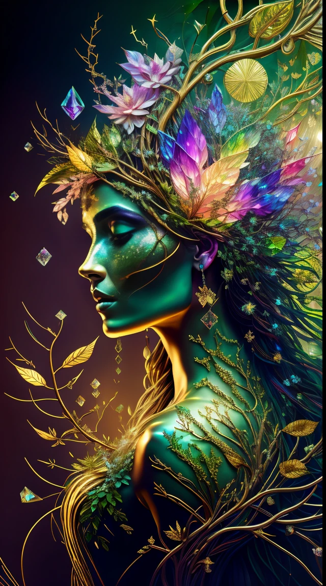 Plant Maiden，Vine Princess，Witch of Thorns，Beautiful line art photo，Use gold strokes and rainbow paint，Golden Maiden，the golden ratio，Melted wax，Visible brush strokes，surrounded by crystal spheres，3D Mosaic Wireframe，neuroimaging，neurons，The Tree of Life，colours，California，intense emotion，Oil on canvas，Thick strokes，insanely details，8k ultra high definition，tmasterpiece，art  stations，ultra-realistic realism，plant witch，Vine Queen，Witch of Thorns