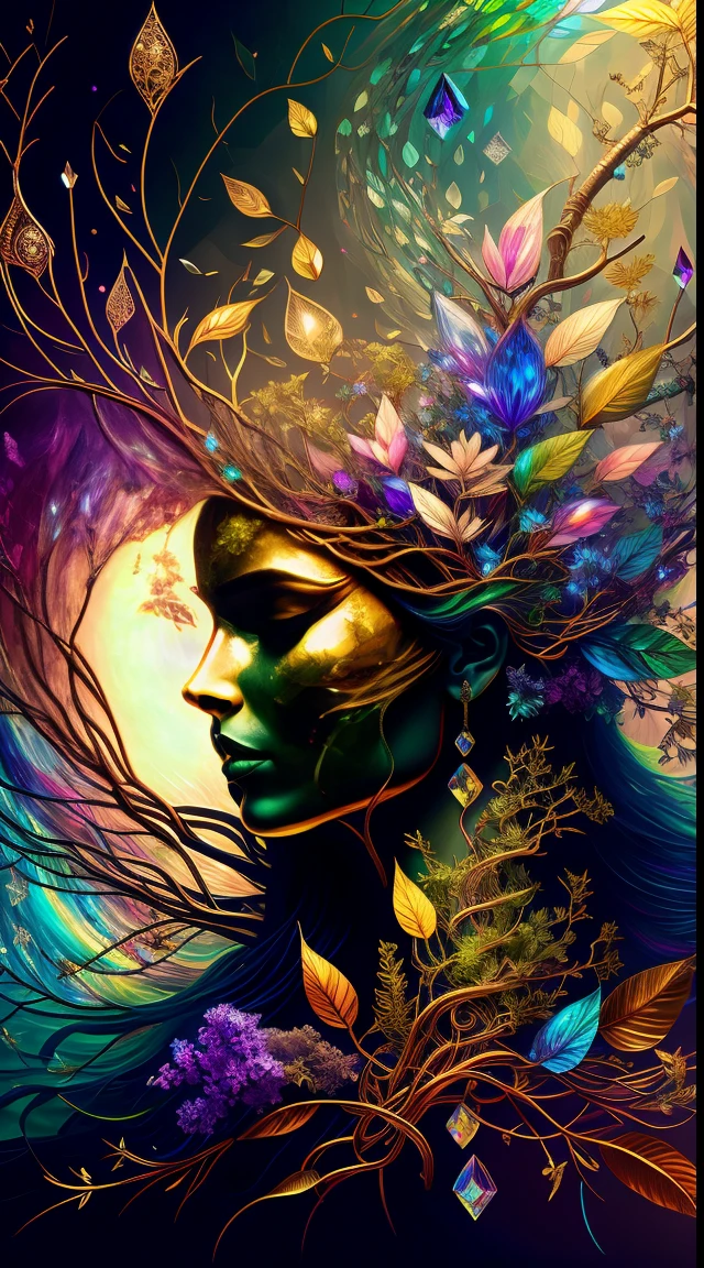 Plant Maiden，Vine Princess，Witch of Thorns，Beautiful line art photo，Use gold strokes and rainbow paint，Golden Maiden，the golden ratio，Melted wax，Visible brush strokes，surrounded by crystal spheres，3D Mosaic Wireframe，neuroimaging，neurons，The Tree of Life，colours，California，intense emotion，oil on the canvas，Thick strokes，insanely details，8k ultra high definition，tmasterpiece，art  stations，ultra-realistic realism，plant witch，Vine Queen，Witch of Thorns