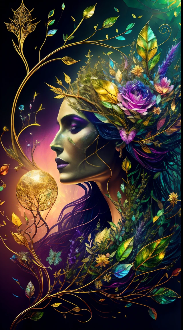 Plant Maiden，Vine Princess，Witch of Thorns，Beautiful line art photo，Use gold strokes and rainbow paint，Golden Maiden，the golden ratio，Melted wax，Visible brush strokes，surrounded by crystal spheres，3D Mosaic Wireframe，neuroimaging，neurons，The Tree of Life，colours，California，intense emotion，Oil on canvas，Thick strokes，insanely details，8k ultra high definition，tmasterpiece，art  stations，ultra-realistic realism，plant witch，Vine Queen，Witch of Thorns