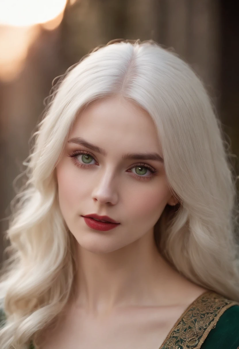 (((a deep reddish wound crosses her left cheek))) fair complexion, beautiful woman around 19 years old, natural white hair, distinctive green eyes, wearing kohl, slender and graceful, beautiful, candlelight in a medieval setting, ultra sharp focus, realistic shot, elegant medieval female clothes, tetradic colors (scar:1.4)