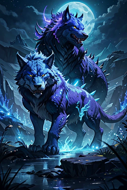 Strange monsters in a fantasy world，saber-toothed wolf，long canine teeth，Strong limbs，Covered in blue flames，Covered with thick spikes，Moon Night，Purple lightning，lake，Highly detailed and ultra-realistic visuals，Elemental Magic AI，ElementalMagicAI，
Mountain and Sea Sutra ，