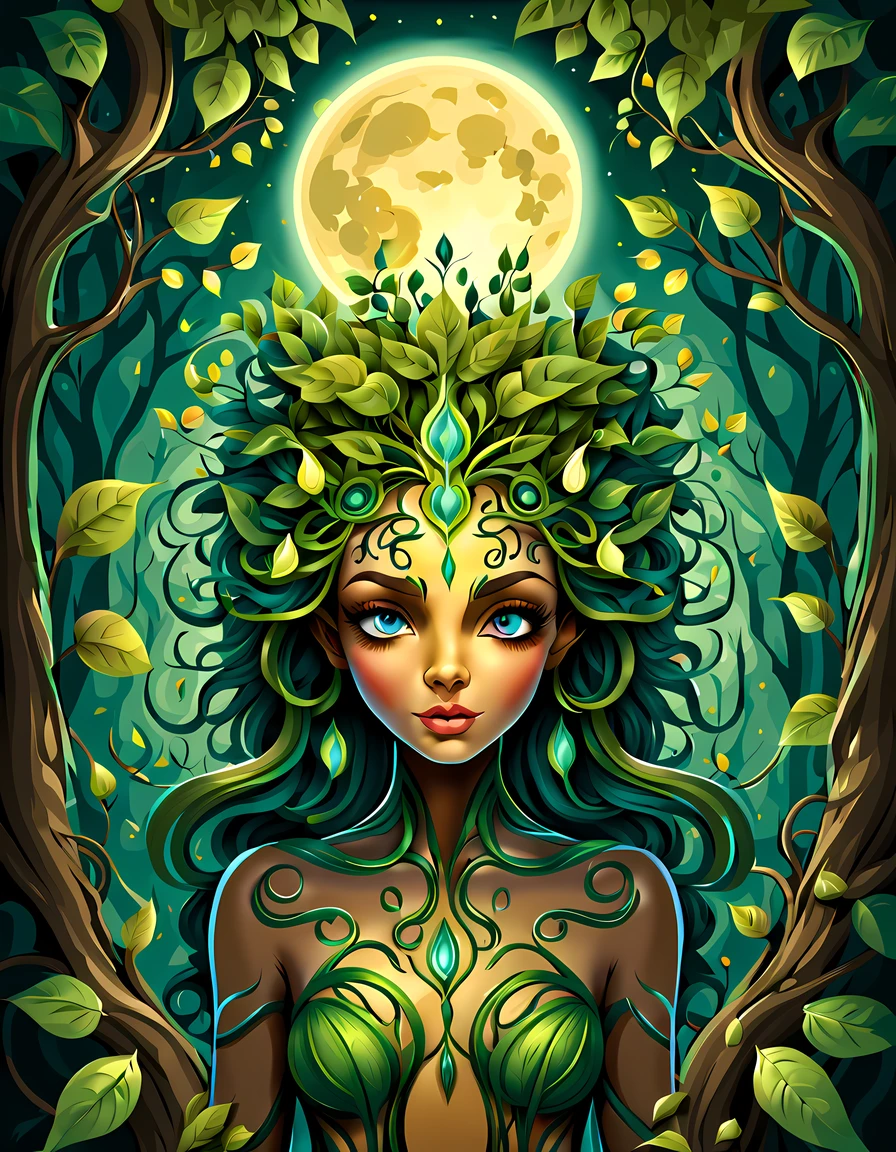 (symmetrical:1.3), (cute cartoon style:1.3), (solo:1.3), beautiful (((dryad inside a tree))) stands tall amidst a symphony of vibrant flora, (adorned with intricate flowing vines and leaves), she radiates an aura of strength and grace, her eyes reflect a deep connection with the natural world, gentle breezes rustle through her verdant crown, she stands as a beacon of harmony, a guardian of the earth's precious ecosystems, ((((moonlit)))) forest clearing, ((fireflies)), (absurdes:1.5), More Detail