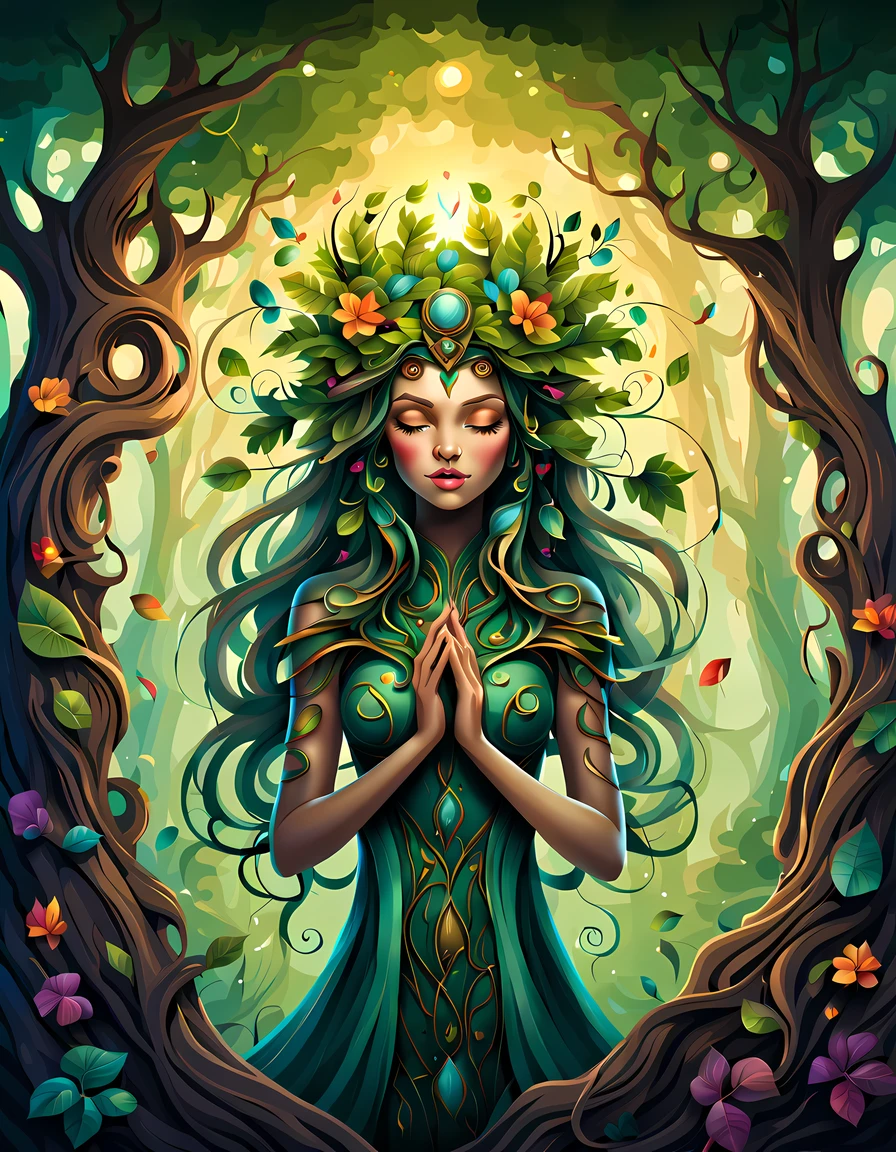 (symmetrical:1.3), (cute cartoon style:1.3), (solo:1.3), beautiful (((dryad inside a tree))) stands tall amidst a symphony of vibrant flora, (adorned with intricate flowing vines and leaves), she radiates an aura of strength and grace, her eyes reflect a deep connection with the natural world, gentle breezes rustle through her verdant crown, she stands as a beacon of harmony, a guardian of the earth's precious ecosystems, moonlit forest clearing, ((fireflies)), More Detail