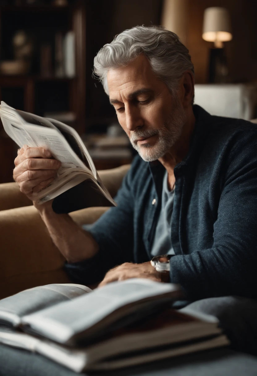 A cozy shot of MovieCritic curled up on the couch with a stack of film magazines and a notepad.,original,A 60 year old handsome man with Grey hair , male