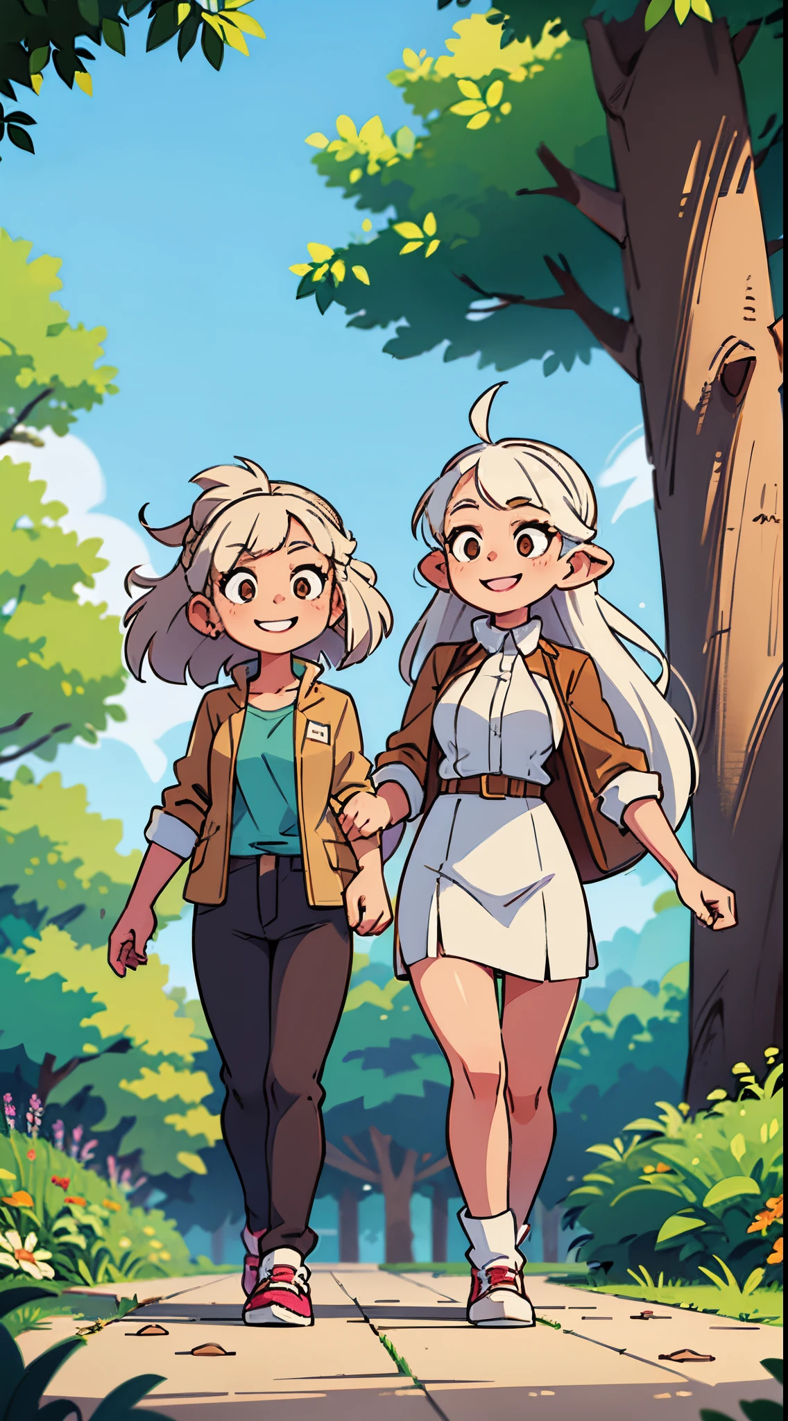White haired female with a brown haired woman , walking in a park, long hair , smiling