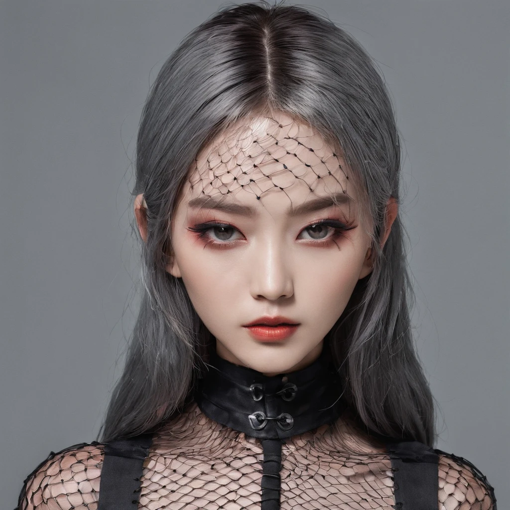 Girl asian with gothic net symbolic clothes, 。.com (Barbed wire of the body) brunette color hair,Gray hair ends, beautiful eyes, eluminated background, dark eyeshadow, big boobs, serious look on faces. background looks like a horror film,