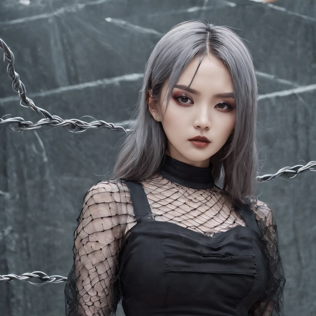 Girl asian with gothic net symbolic clothes, 。.com (Barbed wire of the body) brunette color hair,Gray hair ends, beautiful eyes, eluminated background, dark eyeshadow, big boobs, serious look on faces. background looks like a horror film,