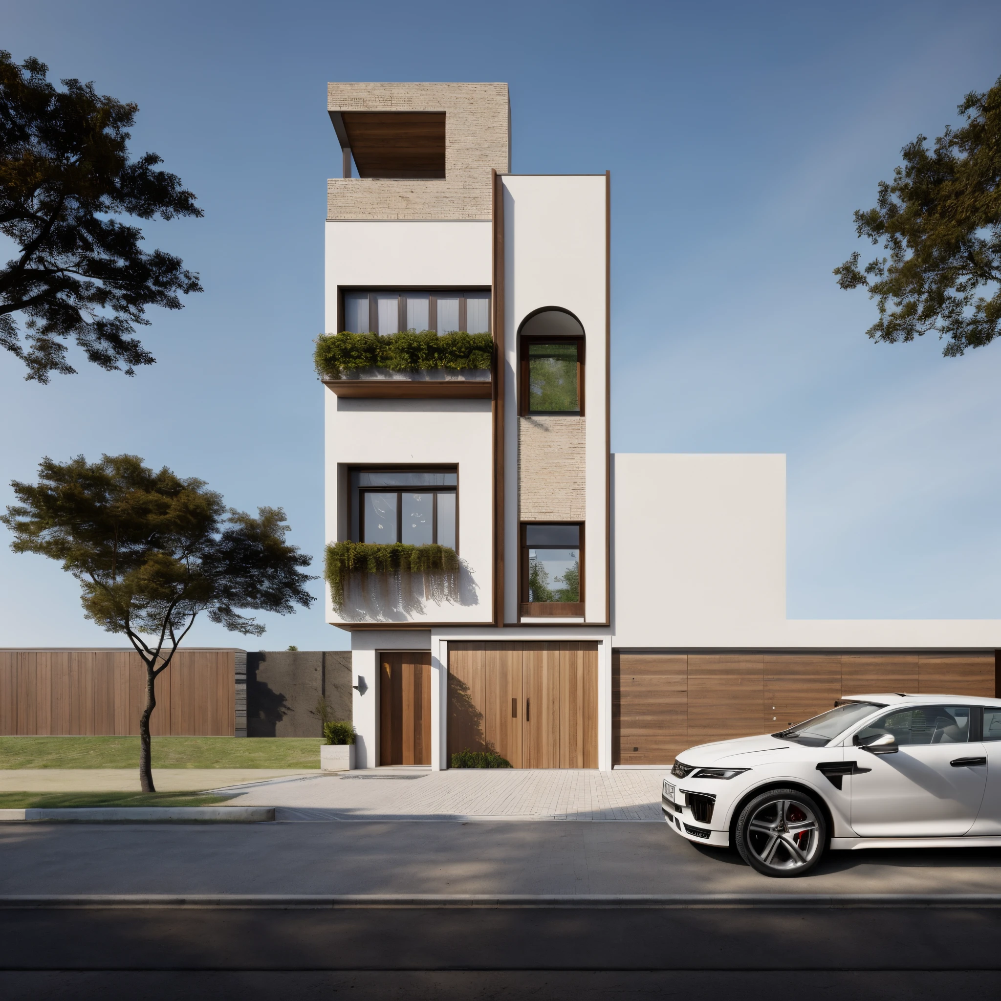 ((( best quality, masterpiece))), (hyper realistic, photo-realistic:1.2), high quality, (daylight:1.2), perfect lighting,
mordenhouse, main material (wooden , brick , glass bancony, stone:0.2 ,white wall , wam white ), building, morden house, modern, dynamic light, daylight