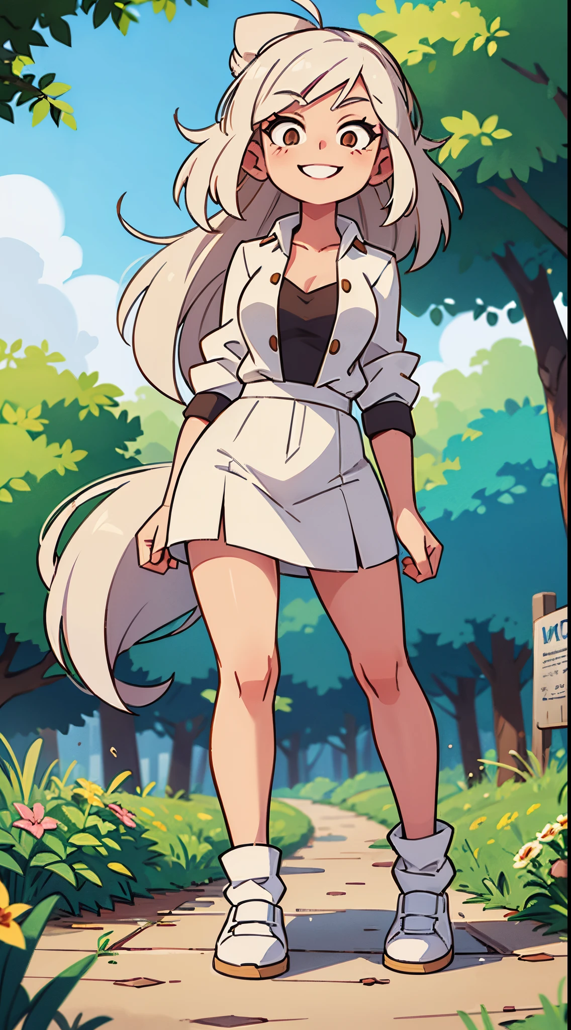 White haired female with a brown haired woman , walking in a park, long hair , smiling