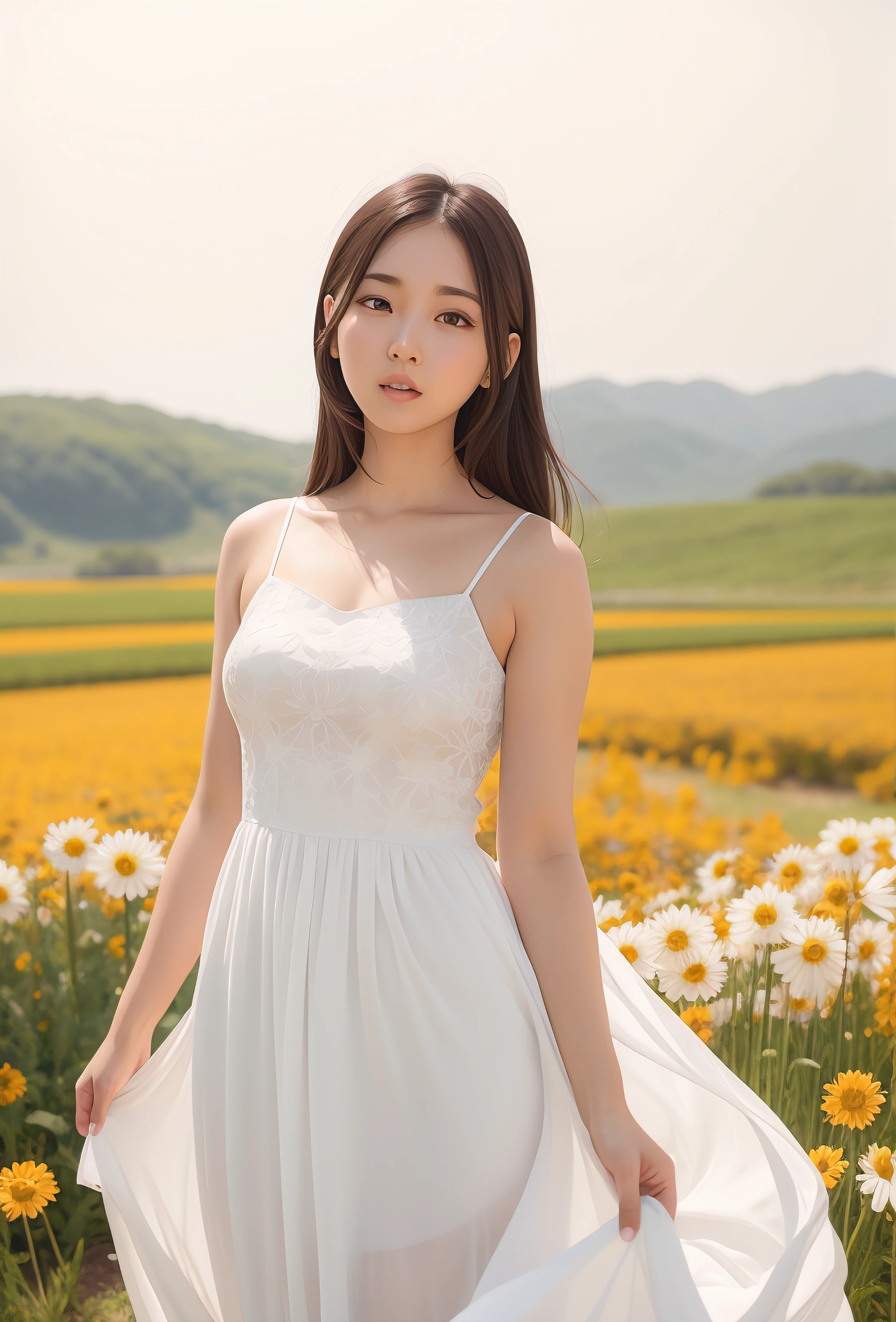 Arafad woman in white dress standing in flower field, beautiful young korean woman, gorgeous young korean woman, beautiful Korean women, flowing white dress, White dress, a white long skirt, She is wearing a white flowing dress, standing in flower field, wears a white dress, Korean fashion model, girl frontal lobe in flower field, girl standing in flower field