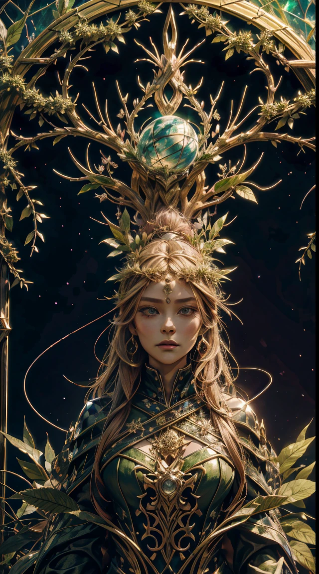 Plant Maiden,Vine Princess,Witch of Thorns,Beautiful line art photo,Use gold strokes and rainbow paint,Golden Maiden,the golden ratio,Melted wax,Visible brush strokes,surrounded by crystal spheres,3D Mosaic Wireframe,neuroimaging,neurons,The Tree of Life,colours,California,intense emotion,oil on the canvas,Thick strokes,insanely details,8k ultra high definition,tmasterpiece,art stations,ultra-realistic realism,plant witch,Vine Queen,Witch of Thorns