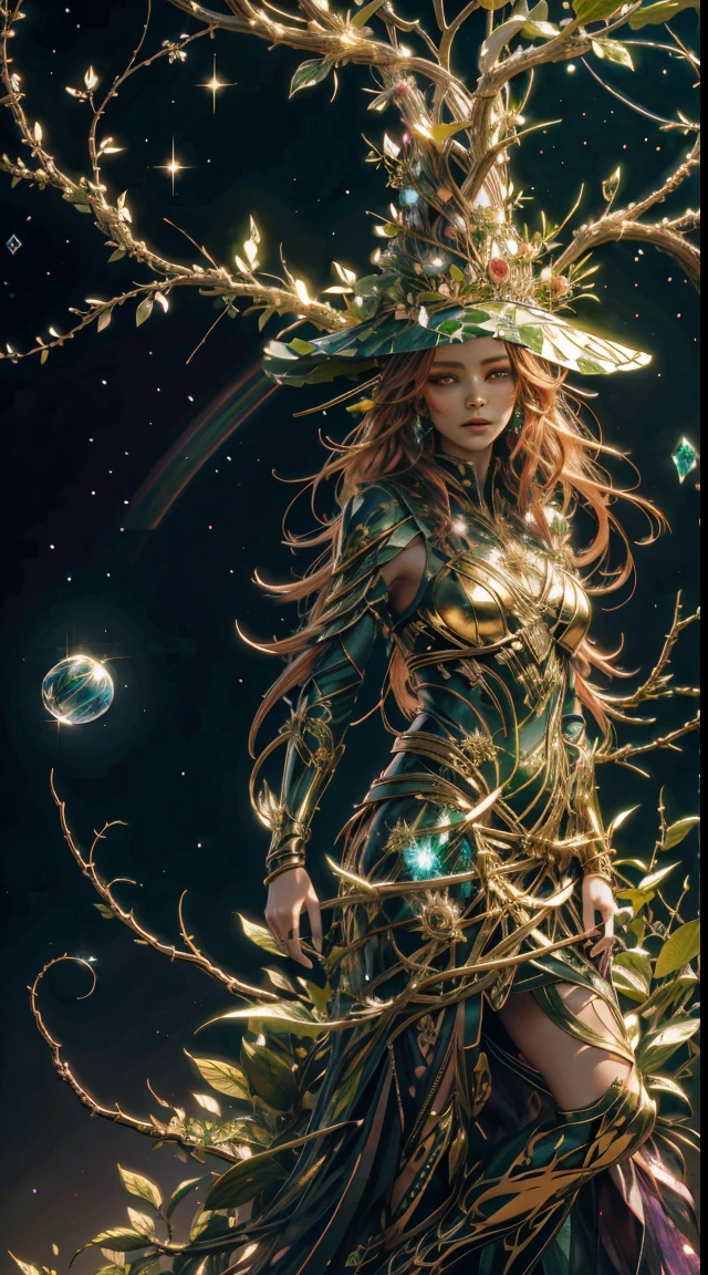 Plant Maiden，Vine Princess，Witch of Thorns，Beautiful line art photo，Use gold strokes and rainbow paint，Golden Maiden，the golden ratio，Melted wax，Visible brush strokes，surrounded by crystal spheres，3D Mosaic Wireframe，neuroimaging，neurons，The Tree of Life，colours，California，intense emotion，oil on the canvas，Thick strokes，insanely details，8k ultra high definition，tmasterpiece，art  stations，ultra-realistic realism，plant witch，Vine Queen，Witch of Thorns