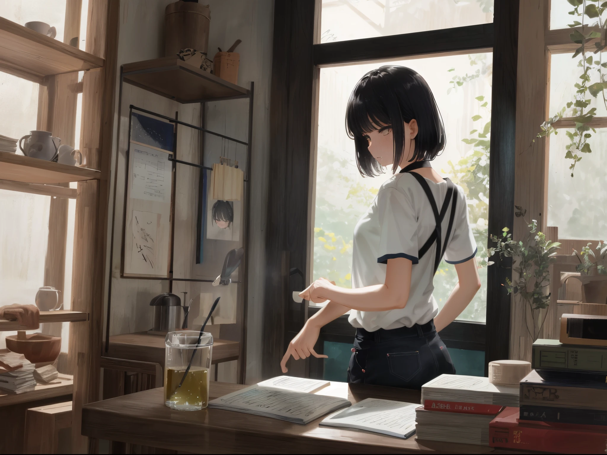 double exposure, kepala manusia berisi, rumus matematika, buku buku tebal, latar belakang rumah kumuh, kotor, berdebu, suasana suram, cinematic
