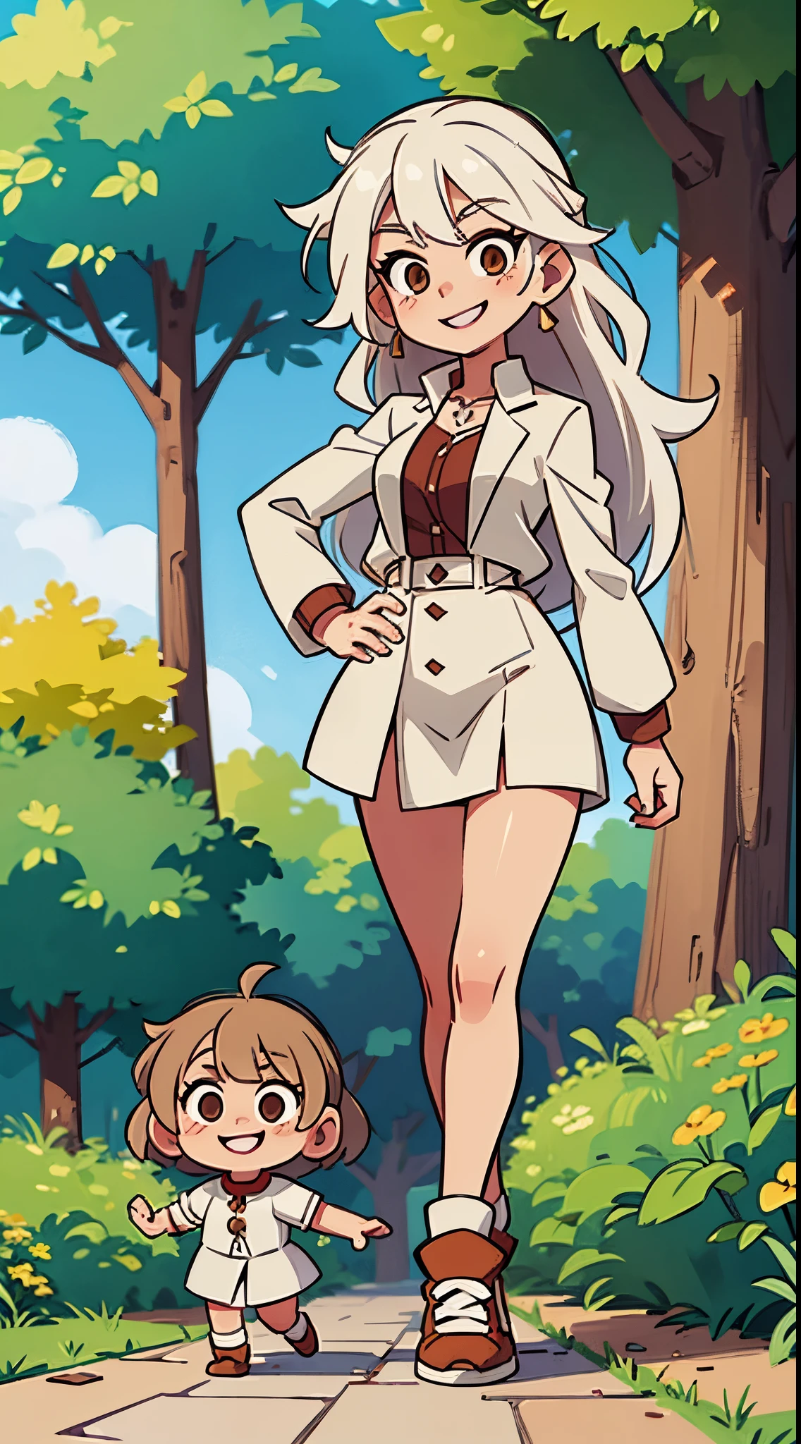 White haired female with a brown haired woman , walking in a park, long hair , smiling