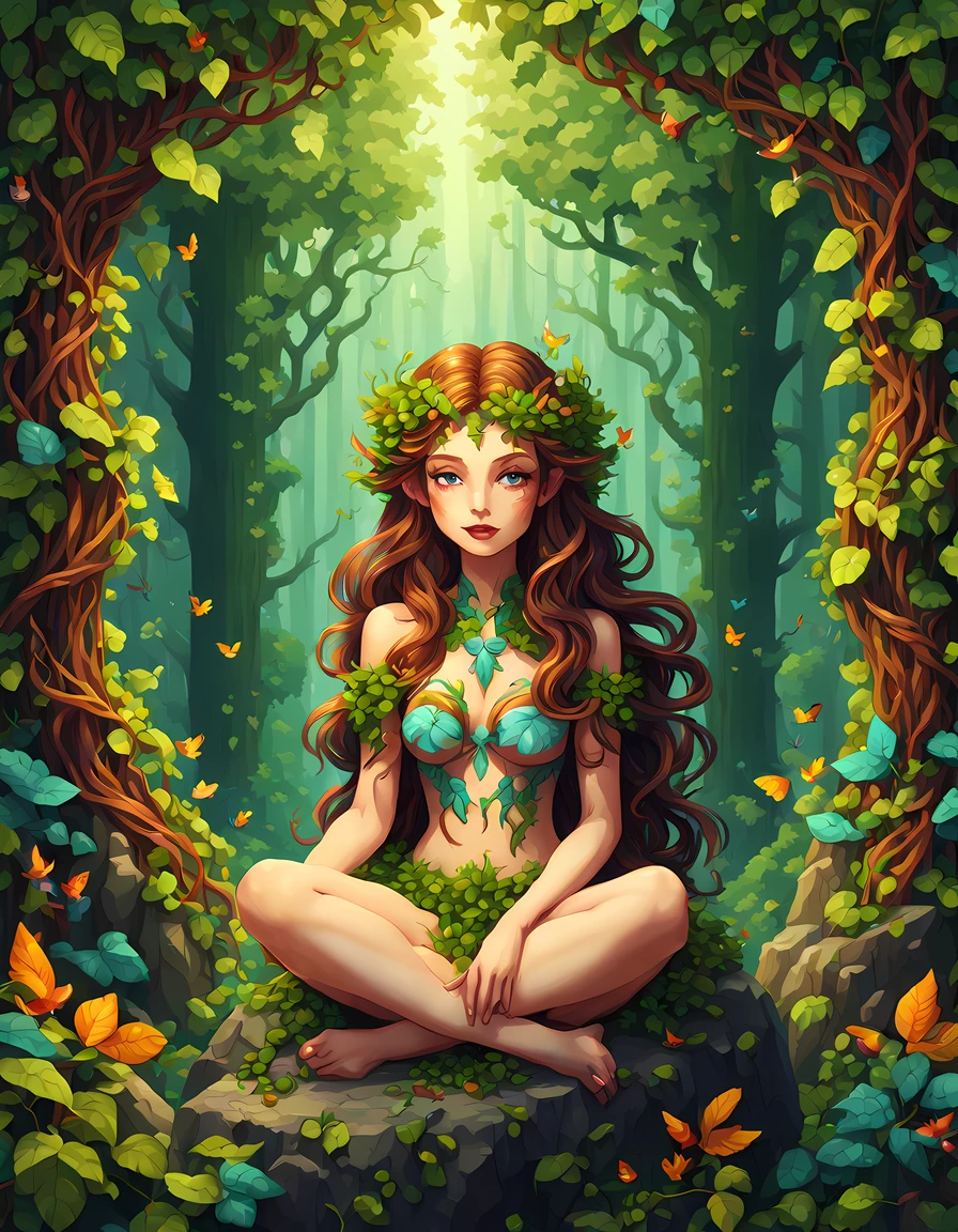 (pixel art:1.3), (solo:1.3), (symmetrical:1.3), (cute cartoon style:1.3), (close up:1.3), (breathtaking dryad) finds herself sitting on a rock, her ethereal beauty is accentuated by the vibrant colors of ((twisting vines that lovingly embrace her delicate body)), sunlit forest clearing, accompanied by a chorus of melodious birdsong, magical harmony that exists within the realm of nature, More Detail