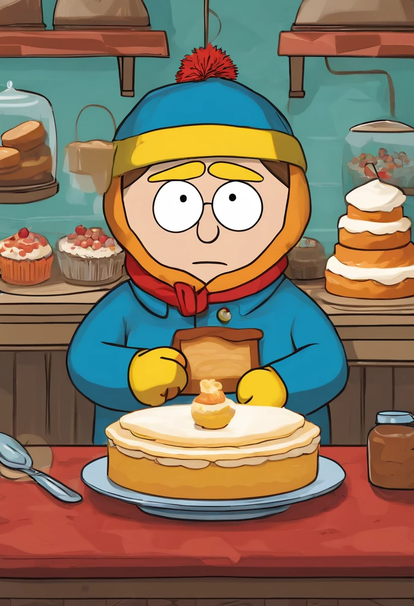 A picture of Cartman at a local bakery, confidently frosting a large cake with a smirk on his face,South Park,Eric Cartman, a character from the animated TV series “South Park,” is easily recognizable with his round, chubby figure, often clad in a red jacket, yellow mittens, and a blue hat with a yellow pompom. His small, beady eyes and often smug expression reflect his mischievous and sometimes malevolent personality., male