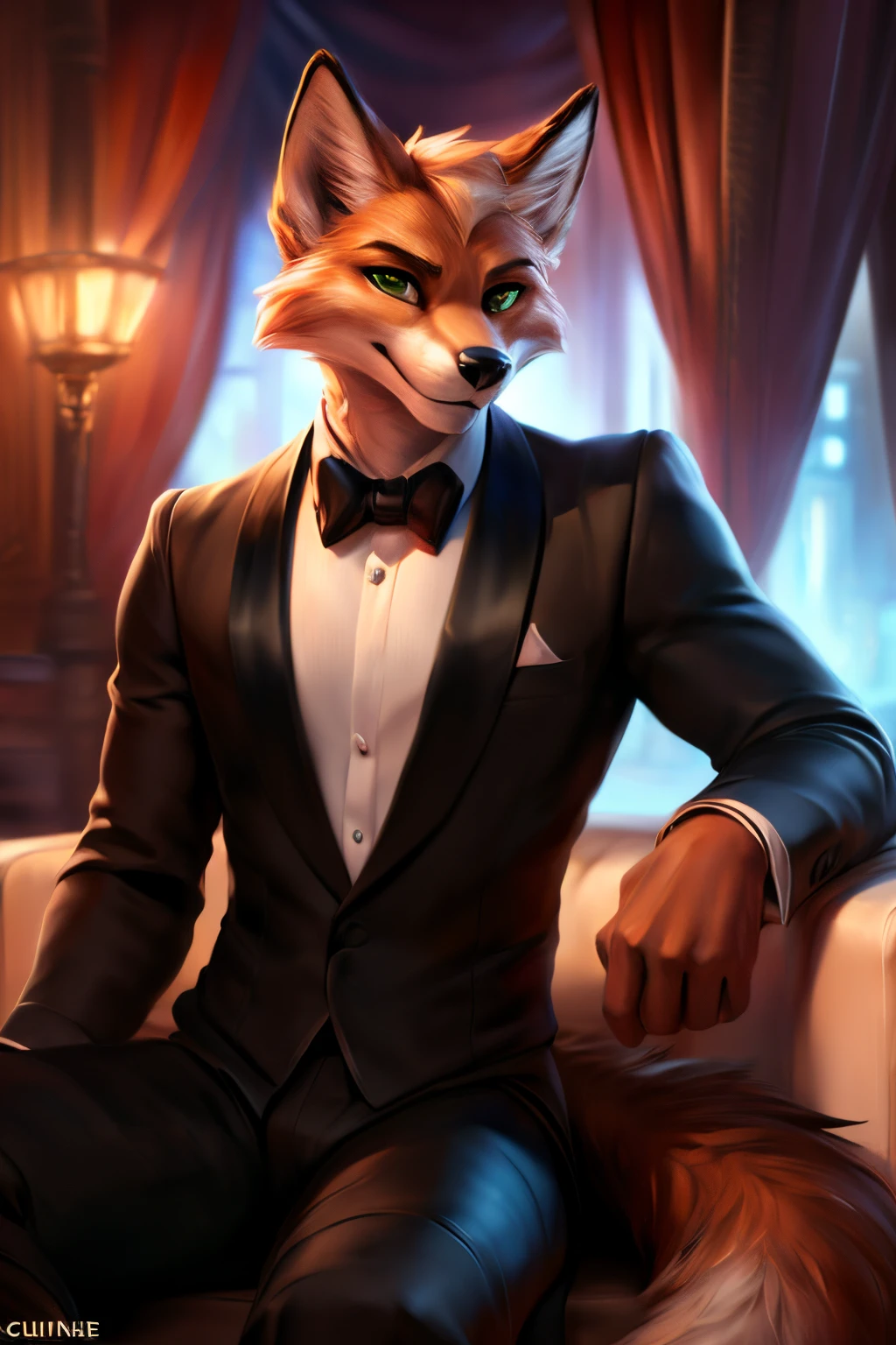 4k, high resolution, best quality, masterpiece, perfect colors, perfect shadows, perfect lighting, published in e621, (by Chunie, by Einshelm), furry, antrum, furry art, ((portrait)), male fox, beige fox , character James McCloud (two-tone fur), hairy body, green eyes, viewer looking with a slight smile, (seductive face: 1.2), perfect male body, ((formal clothing)), (topless), ((looking at spectator)), (Perfect formal wear), ((black tuxedo)), detailed fur, detailed face, perfect face, at a party, (sitting), cozy background, perfect party setting, illuminated atmosphere, ((Bonifasko lighting) ), fox tail, (detailed eyes), perfect pupils