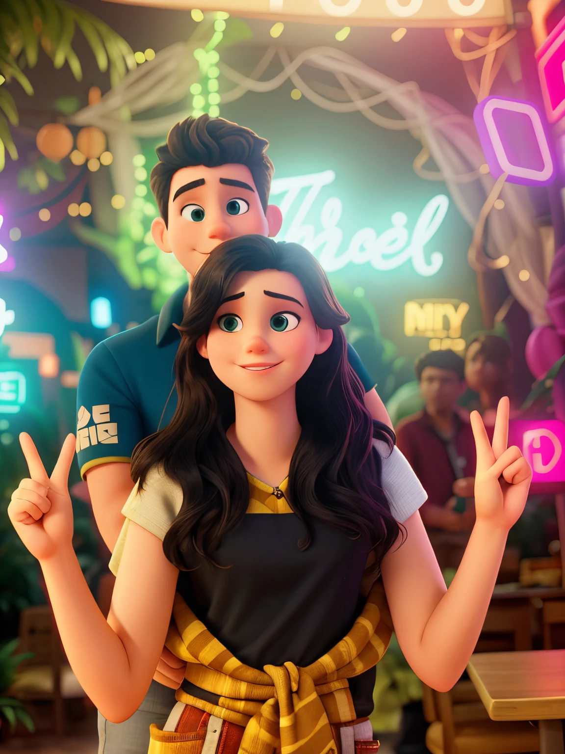 Boy’s eyes are looking straight at the camera. there is a man and woman posing for a picture in front of a neon sign, boy is looking straight at the camera. profile pic, facebook post, non blurry. Boy is wrapping his arms around the girl’s waist. Both are Loku’s straight at the camera. Smiling. Boy has some beard on his face too. lights, on jungle night !!! High resolution photo. Disney Pixar, animated effect.