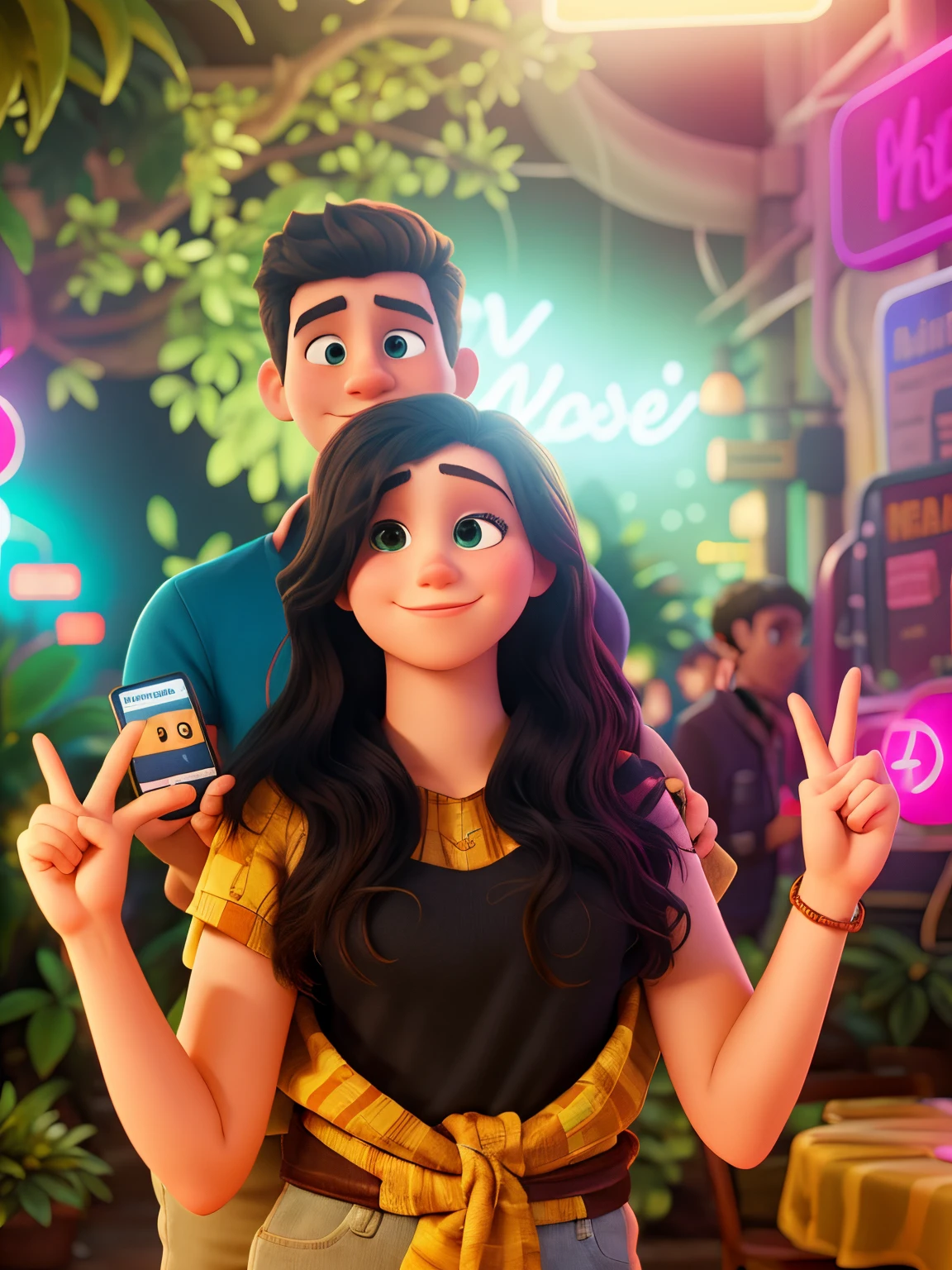 there is a man and woman posing for a picture in front of a neon sign, boy is looking straight at the camera. profile pic, facebook post, non blurry. Boy is wrapping his arms around the girl’s waist. Both are Loku’s straight at the camera. Smiling. Boy has some beard on his face too. lights, on jungle night !!! High resolution photo. Disney Pixar, animated effect.