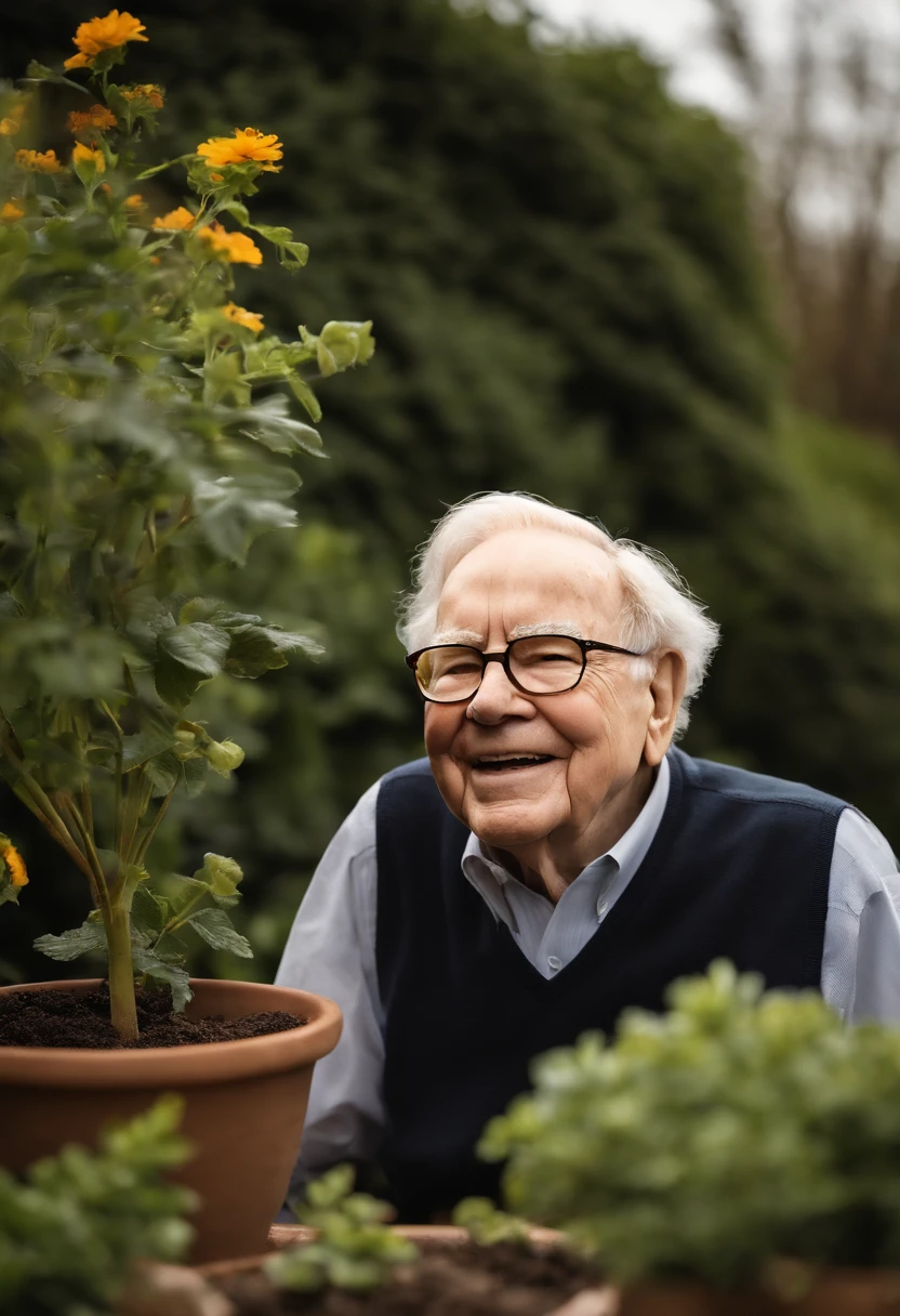A photo of Warren Buffett gardening in his backyard,original,Warren Buffett, often referred to as the “Oracle of Omaha,” has a friendly, approachable appearance, typically seen in modest, practical attire that belies his status as one of the world’s wealthiest individuals. He has an unassuming demeanor, often seen with a gentle smile, and his elderly visage is marked by a warm, grandfatherly appeal. , male