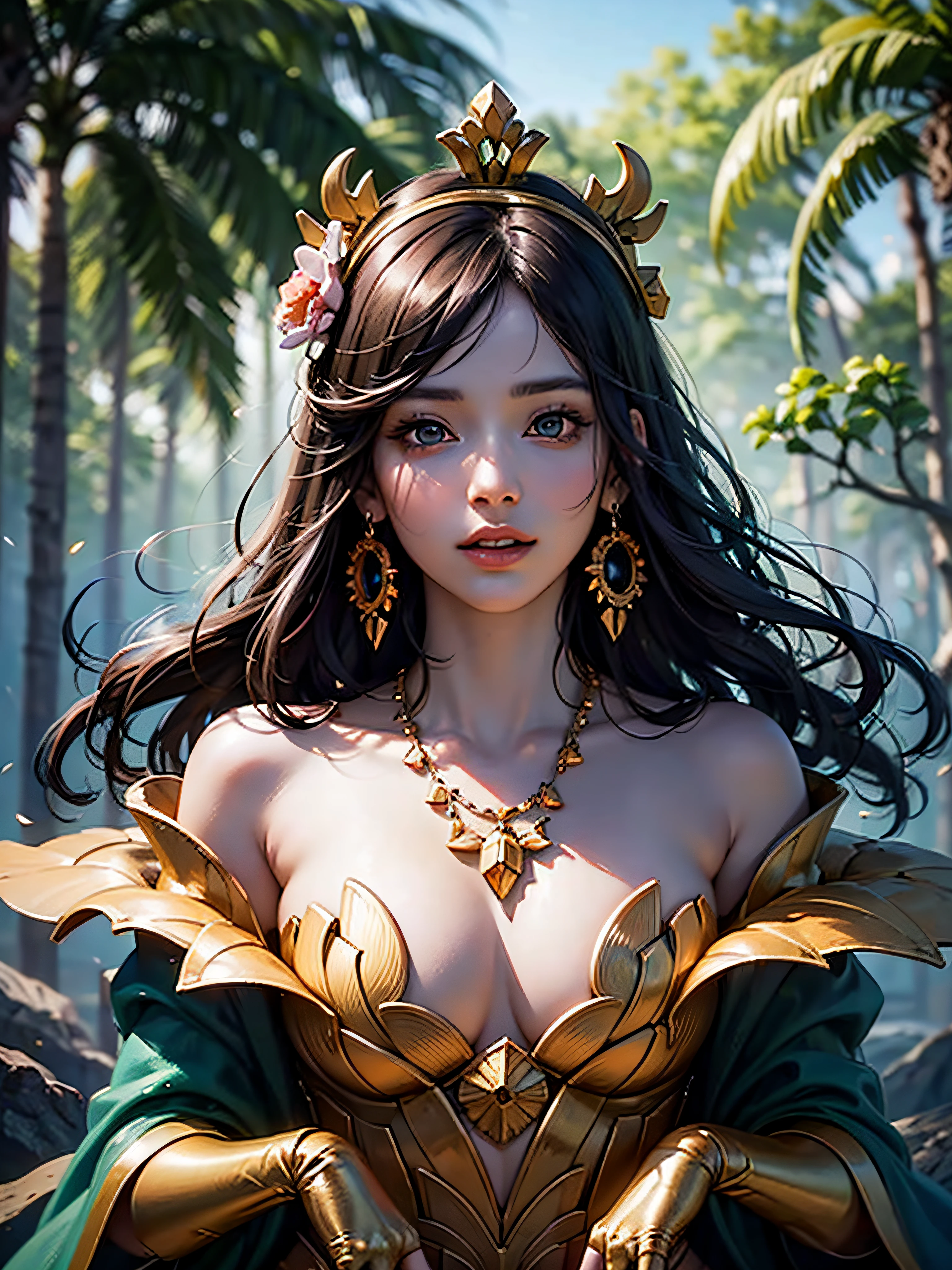 (RAW Photo, Best Quality), (Realistic: 1.3), Highly Detailed, Masterpiece, Hyperdetail, Illustration, 1 Girl, 23 years old chinese woman figure, full_body, HDR (High Dynamic Range), Ray Tracing, NVIDIA RTX, Super-Resolution, Unreal 5, Subsurface Scattering, PBR Textures, Post-processing, Anisotropic Filtering, Depth of Field, Maximum Sharpness and Clarity, Multi-layer Textures, Albedo and Highlight Maps, Surface Shading, Precise simulation of light-material interactions, perfect proportions, Octane Render, bi-color light, large aperture, low ISO, white balance, rule of thirds, 8K RAW, finger detailing, refined facial features, focus on the face, ((no extra limbs)), Dynamic Angle, World Mastery Theater, Best Quality, Extremely Detailed CG Unified 8k Wallpaper, Breathtaking, Cinematic Light, lens_flare, beautiful Eyes, symmetrical eyes, girl covered in plant, wearing plant crown, at ancient jungle, smiling, (beautiful small breast)