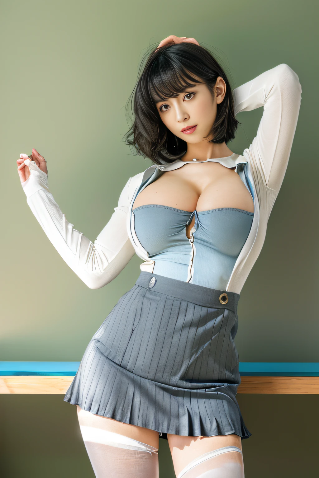 (masterpiece、high-level image quality、hightquality)、(Pretty girl in Japan:1.5、Has an aura、Radiant woman)、(Watery beauty、sexy pose)、Clear black eyes、dark grey HAIR、Sparkling hair、The shirt、Cardigan、skirt by the、((ultra gigantic tits:1.4)、(Toned waist,Seductive hips:1.4)、(perfect anatomia、Beautiful limbs、Beautiful skin、Healthy body)、(short-hair),Supernatural body,Gravure photography、full body Esbian、(Beautiful crotch)、Professional filming、shores、