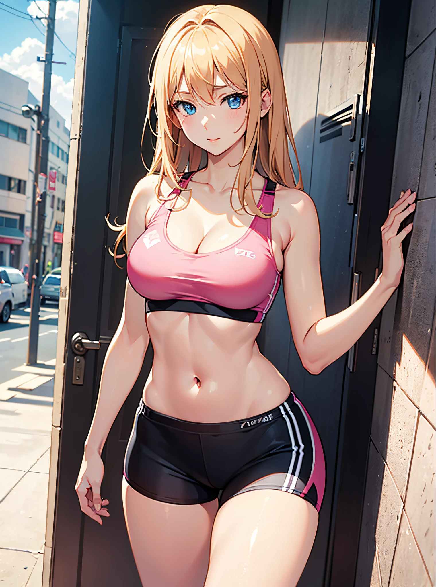 1 anime girl, solo, anatomically correct, supermodel, beautiful girl, blond hair, beautiful blue eyes, highly detailed face illustration, medium sized breasts, hourglass figure, juicy thighs, wearing pink sports bra, cleavage, sexy sport shorts, very short shorts, sexy pose, 8k, best quality