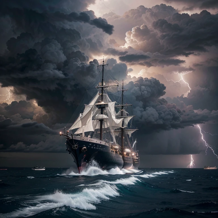 "Please generate a high-quality image using artificial intelligence, featuring a ship sailing gracefully amidst dramatic clouds and intense lightning, with advanced details and a cinematic style that accentuates the grandeur of the maritime scene."