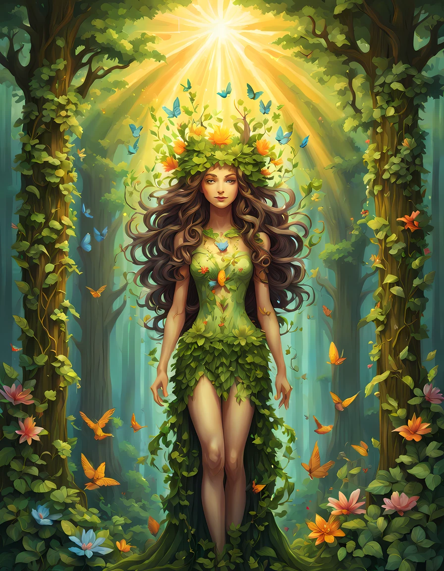 (pixel art:1.3), (solo:1.3), (symmetrical:1.3), (cute cartoon style:1.3), beautiful dryad stands tall amidst a symphony of vibrant flora, (adorned with intricate flowing vines and leaves), she radiates an aura of strength and grace, her eyes reflect a deep connection with the natural world, while her ((outstretched arms casting glowing healing rays)), as gentle breezes rustle through her verdant crown, she stands as a beacon of harmony, a guardian of the earth's precious ecosystems, sunlit forest clearing, rainbow behind the head, birds in the air, More Detail
