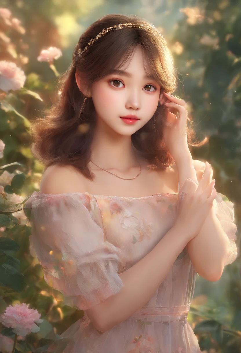 A cute small teen posing nude, in a garden, with beautiful detailed eyes, lips, and face, wearing a delicate bracelet on her wrist. The scene is captured with a medium of oil painting, resulting in high-resolution, ultra-detailed, and photorealistic image quality. The overall artwork has a soft and warm color tone, with a gentle and dreamy lighting effect. The top topic is described as：A cute little girl posing nude in the garden，With beautiful detailed eyes，Lip color and facial expressions are extremely delicate。She wore a delicate bracelet on her wrist。The picture adopts the medium of oil painting，Demonstrate high resolution、Ultra-detailed and realistic image quality。The overall artwork features soft and warm tones，With soft and dreamy light effects。