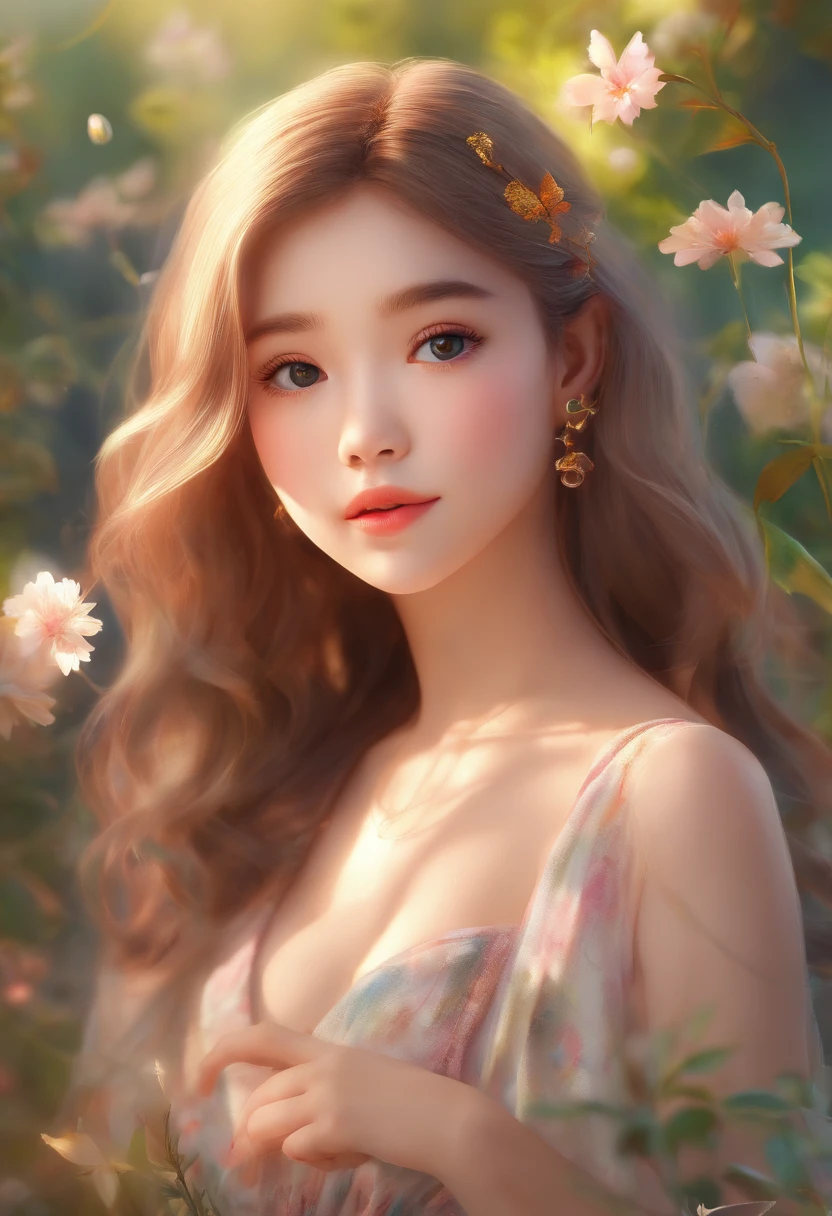 A cute small  posing nude, in a garden, with beautiful detailed eyes, lips, and face, wearing a delicate bracelet on her wrist. The scene is captured with a medium of oil painting, resulting in high-resolution, ultra-detailed, and photorealistic image quality. The overall artwork has a soft and warm color tone, with a gentle and dreamy lighting effect. The top topic is described as：A cute litting nude in the garden，With beautiful detailed eyes，Lip color and facial expressions are extremely delicate。She wore a delicate bracelet on her wrist。The picture adopts the medium of oil painting，Demonstrate high resolution、Ultra-detailed and realistic image quality。The overall artwork features soft and warm tones，With soft and dreamy light effects。