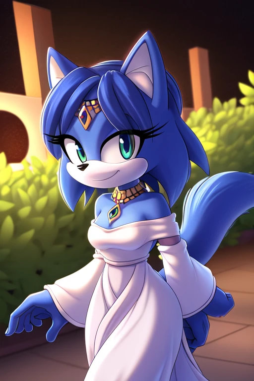 Krystal The Fox, Krystal, Beautiful, White Dress, Long Dress, Garden, Night, Stars, Looking at Viewer, walking, 2D illustration, Close-up, upper body, smile.