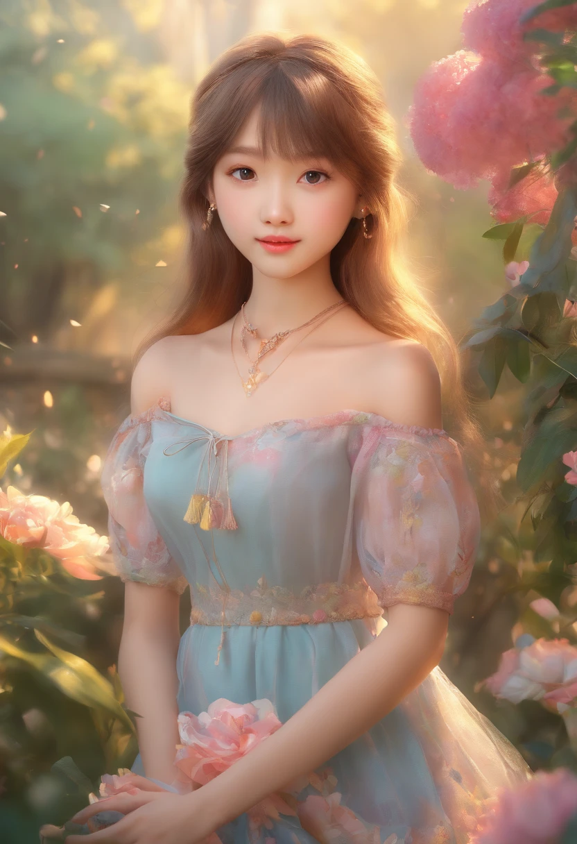 A cute small teen posing nude, in a garden, with beautiful detailed eyes, lips, and face, wearing a delicate bracelet on her wrist. The scene is captured with a medium of oil painting, resulting in high-resolution, ultra-detailed, and photorealistic image quality. The overall artwork has a soft and warm color tone, with a gentle and dreamy lighting effect. The top topic is described as：A cute little girl posing nude in the garden，With beautiful detailed eyes，Lip color and facial expressions are extremely delicate。She wore a delicate bracelet on her wrist。The picture adopts the medium of oil painting，Demonstrate high resolution、Ultra-detailed and realistic image quality。The overall artwork features soft and warm tones，With soft and dreamy light effects。