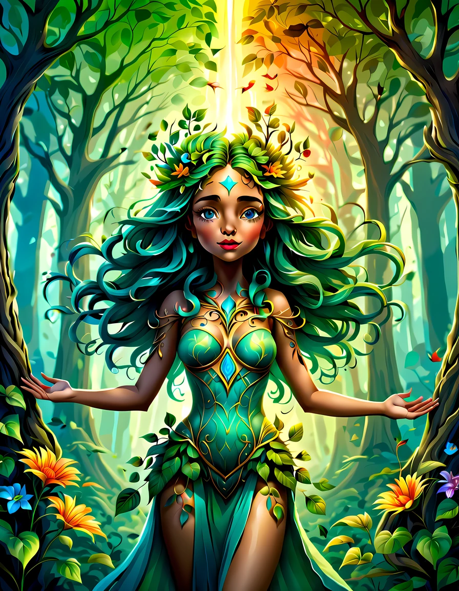 (symmetrical:1.3), (cute cartoon style:1.3), (solo:1.3), beautiful dryad stands tall amidst a symphony of vibrant flora, (adorned with intricate flowing vines and leaves), she radiates an aura of strength and grace, her eyes reflect a deep connection with the natural world, while her ((outstretched arms casting glowing healing rays)), as gentle breezes rustle through her verdant crown, she stands as a beacon of harmony, a guardian of the earth's precious ecosystems, sunlit forest clearing, rainbow behind the head, birds in the air, More Detail