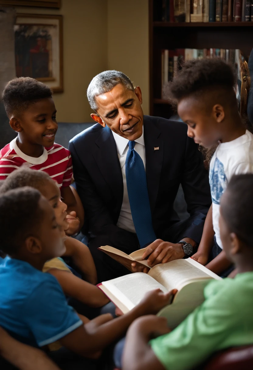 A photo of the president reading to a group of young students,original,Barack Obama, male