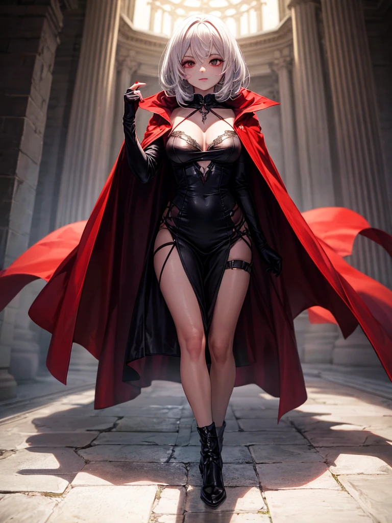 fullbody, girl, sexy, vampire, short white hair, malefic, red cape, evil, in hell