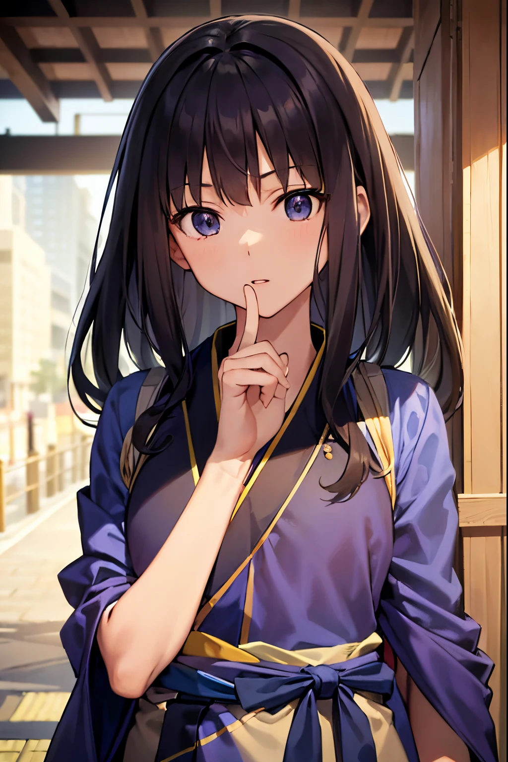 Takiinoue, Takina Inoue, The long-haired, bangss, A dark-haired, (Purple Eye:1.2), (Dark blue kimono:1.4), (Lapel Rack:1.3), Outdoor break, sity, BREAK (masterpiece:1.2), Top image quality, hight resolution, Unity 8k壁纸, (illustratio:0.8), (Beautiful detail eyes:1.6), extra detailed face、Perfect litthing、extremely details CG、(perfect hand、perfect anatomia)、Takina Inoue、Inoue,Takina, 1girll, Background in the city, 14years, (fluffy hair:1.3)