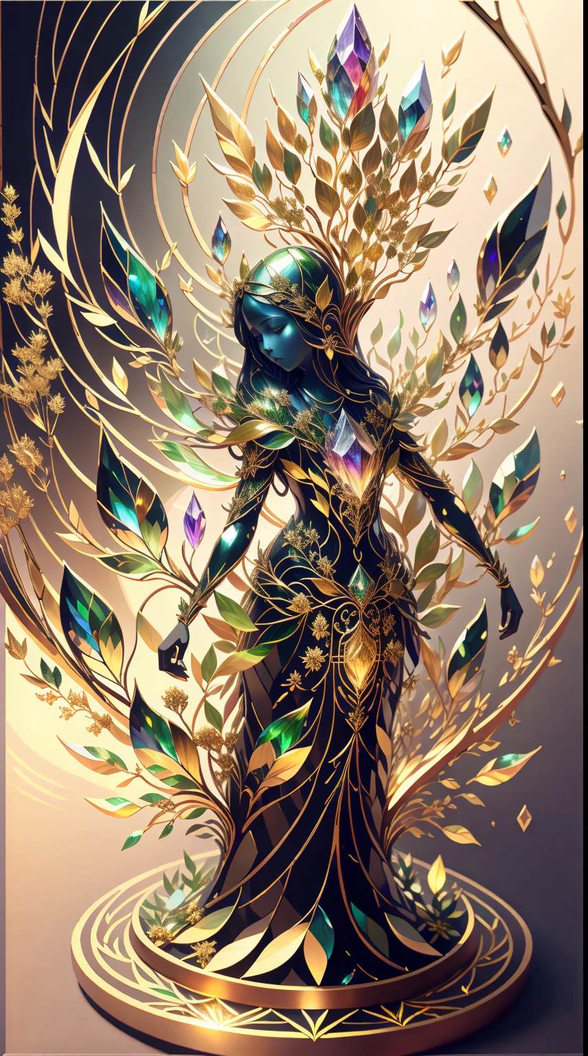 Plant Maiden，Vine Princess，Witch of Thorns，Beautiful line art photo，Use gold strokes and rainbow paint，Golden Maiden，the golden ratio，Melted wax，Visible brush strokes，surrounded by crystal spheres，3D Mosaic Wireframe，neuroimaging，neurons，The Tree of Life，colours，California，intense emotion，oil on the canvas，Thick strokes，insanely details，8k ultra high definition，tmasterpiece，art  stations，ultra-realistic realism，plant witch，Vine Queen，Witch of Thorns