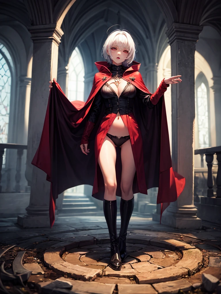 fullbody, girl, sexy, vampire, short white hair, malefic, red cape, in hell