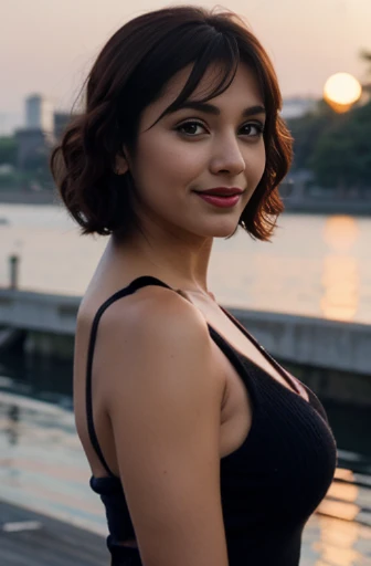beautiful gorgeous glorious bollywood actress, standing at bridge, wearing black knitted bodycon dress, pretty face, beautiful glorious face, very fine face details, bright eyes, red lipstick, thin nose, burgundy hair, bob cut, curls, big alluring natural breasts, round breasts, not sagging, athletic figure, perfect body, 4K details, ultra high resolution, skin fine details, full body photoshoot, smiling at camera, low light, sunset