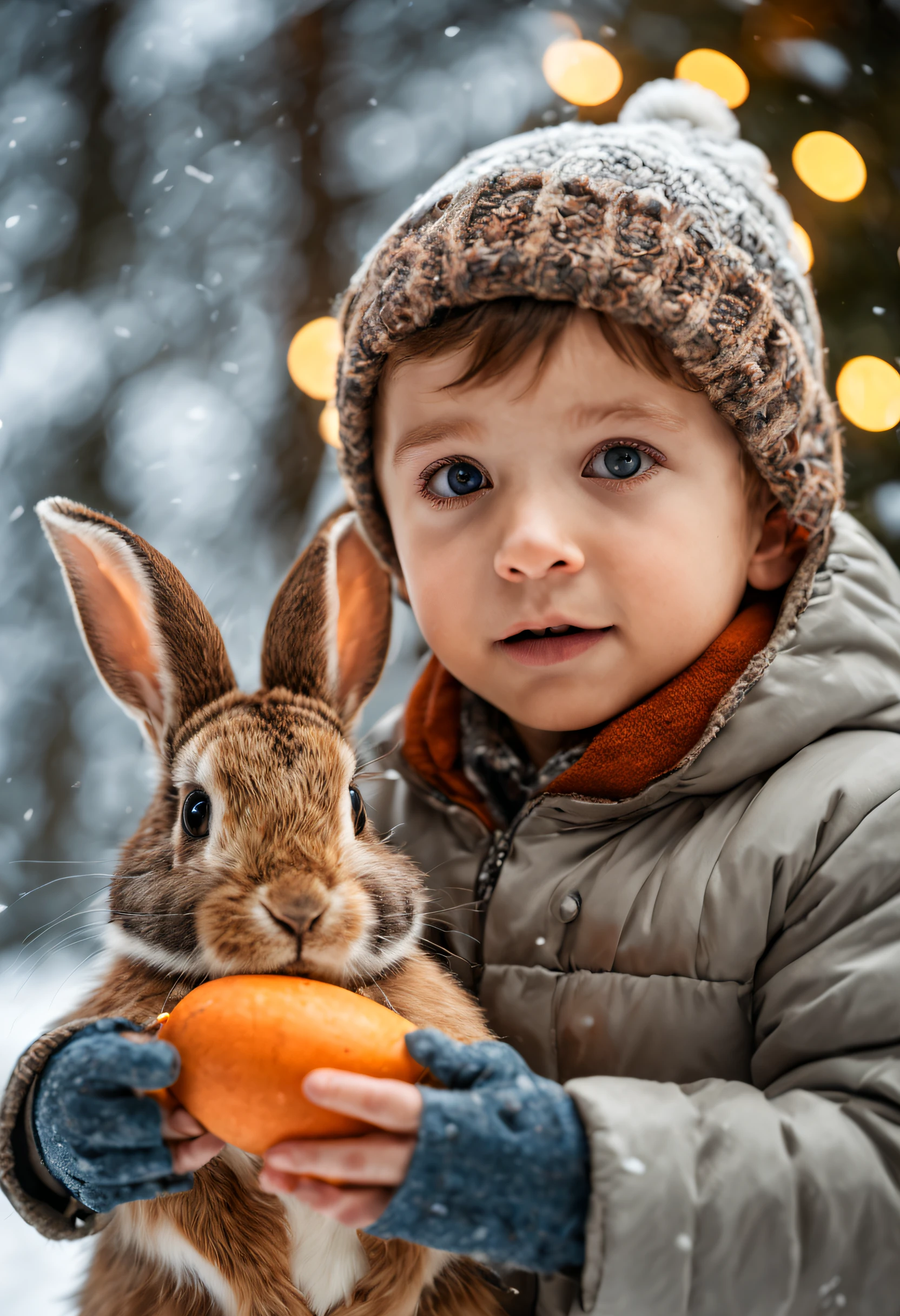frontal view,eye to eye contact,full face,looking up at the camera,Professional photo, A 2-year-old boy with brown eyes in holiday clothes feeds a carrot to a gray rabbit against the background of a New Year tree in a snowy forest., It's snowing, festive illumination, Exceptionally high quality RAW photography, Detailed background, Intricate, exquisite details and textures, Highly detailed, ultra detailed photograph, warm lighting, Artstation, 4k, sharp-focus, High Resolution, detailed skin, 詳細な目, 8K UHD, dslr, hiquality, Film grain, Fujifilm XT3,sharp-focus,35mm lens,f/5.6