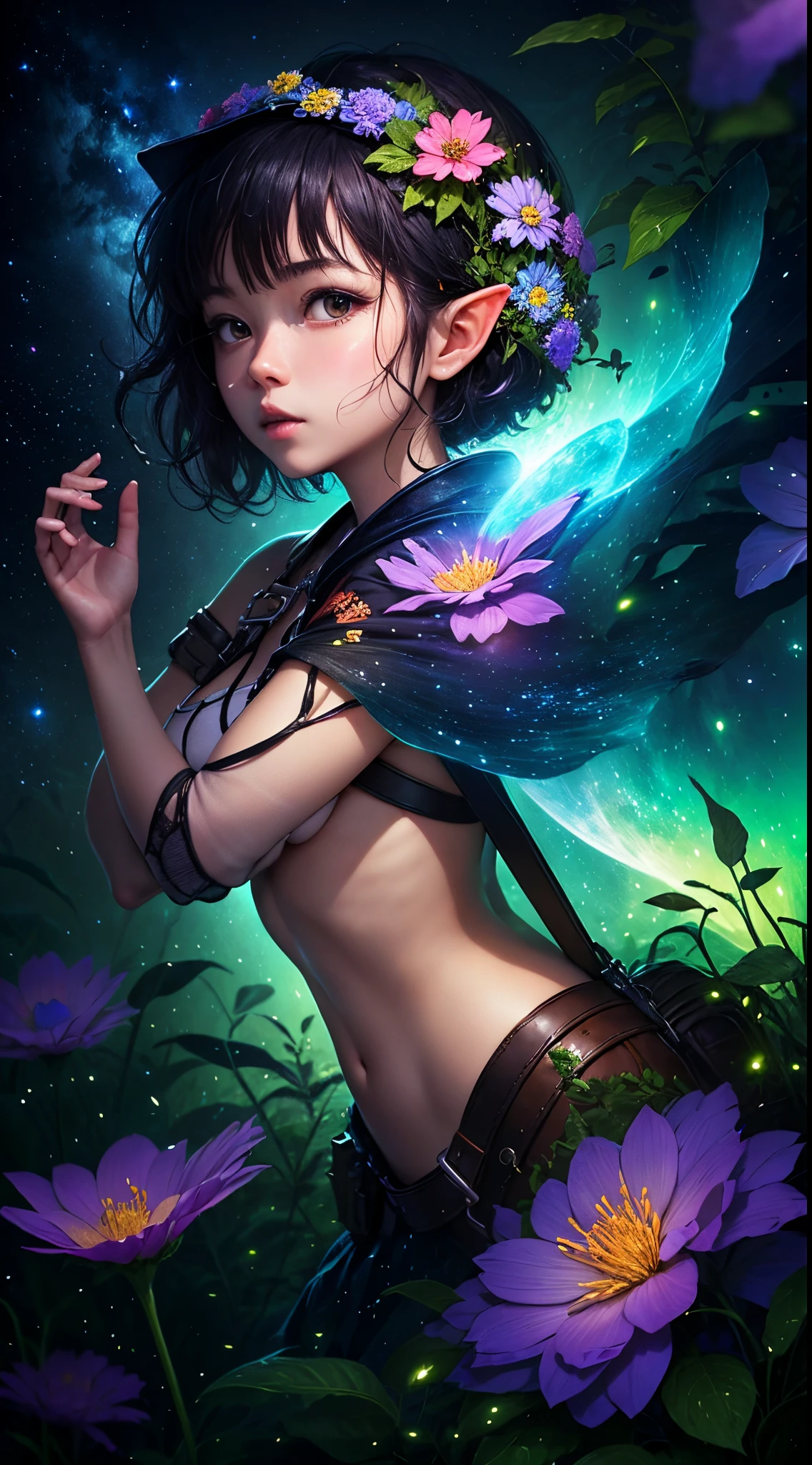 Elf dryad girl，Covered with vines，leafs，fresh flowers，glowing light，Colorful，（（Best quality））， （（tmasterpiece））， （（（Giant glowing butterfly））），dances，Enhanced dynamic viewing angle，jungles，（（（nighttime scene））），themoon，（（The butterfly spreads its huge wings，shimmering under the moonlight，A river of stars flows in front of him）），Sparkling creek，（Adventurer backpack），（weeds），Blooming flowers，（（（adventurer clothing））），glowing effect，ultra - detailed，Works of masters，high high quality，8K分辨率，depth of fields，电影灯光，epic shooting，high high quality，ultra - detailed，Detailed pubic hair，Accurate，电影灯光