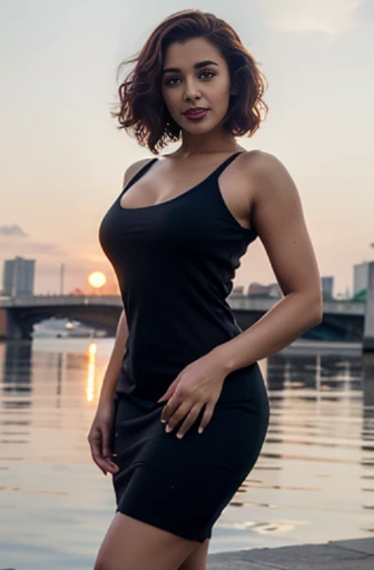 beautiful gorgeous glorious bollywood actress, standing at bridge, wearing black knitted bodycon dress, pretty face, beautiful glorious face, very fine face details, bright eyes, red lipstick, thin nose, burgundy hair, bob cut, curls, big alluring natural breasts, round breasts, not sagging, athletic figure, sports shoe, perfect body, 4K details, ultra high resolution, skin fine details, full body photoshoot, smiling at camera, low light, sunset