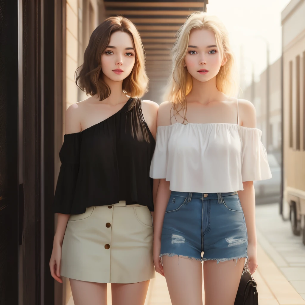 brunette girl with shoulder length hair standing next to her dirty blonde haired best friend